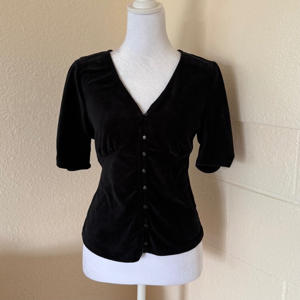 American Rag Button Front Top‎ Women M Black Corduroy V-Neck Short Sleeve Blouse